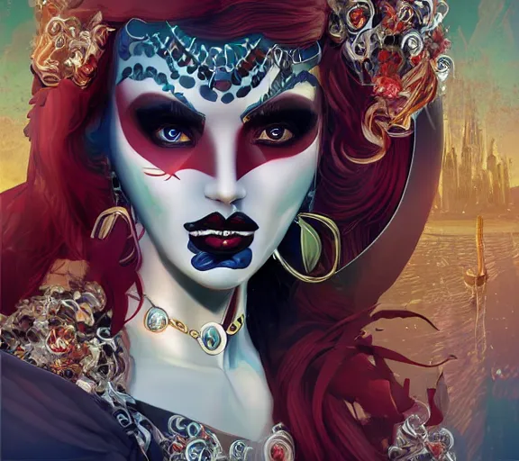 Image similar to beautiful female character inspired by venice carnival and pop art vampire bounty hunter | | digital artwork made by greg rutswork, anna dittmann and lois van barlee, symmetrical rim light, anatomically correct