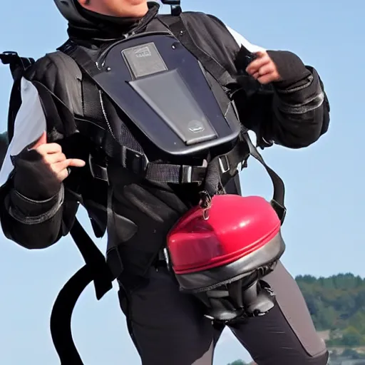 Prompt: flying with a hands free jetpack