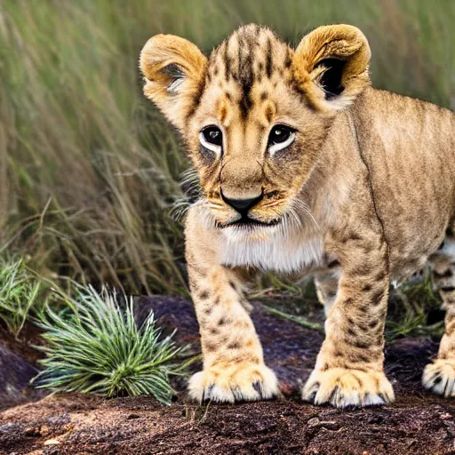 Prompt: Photorealistic photograph of a lion cub by Suzi Eszterhas, photorealism, photorealistic, realism, real, highly detailed, ultra detailed, detailed, 70–200mm f/2.8L Canon EF IS lens, Canon EOS-1D Mark II, Wildlife Photographer of the Year, Pulitzer Prize for Photography, 8k, expo-sure 1/800 sec at f/8, ISO 400