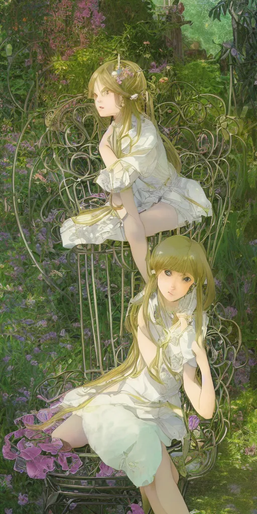 Image similar to a digital art of a loli with long hair in a dress sitting on a metal garden chair in the privet garden at afternoon, green and warm theme, back lighting, by mucha and akihito yoshida and greg rutkowski and makoto shinkai, extremely long shot, detailed eyes, 4 k resolution, trending on art station