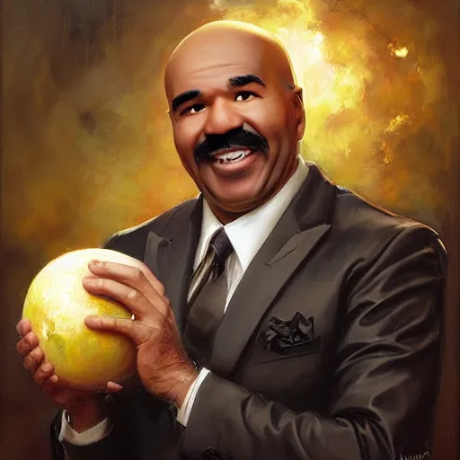 Prompt: a melancholy detail oil painting of Steve Harvey holding an Orb and smiling, by WLOP and Todd Lockwood, Greg Rutkowski