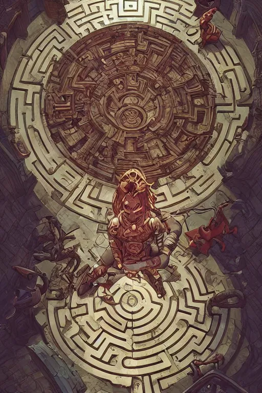 Image similar to one way perspective labyrinth that looks like a boardgame spell scroll art by Moebius and artgerm and greg rutkowski and Craig Mullins, James Jean, Andrey Ryabovichev, Mark Simonetti and Peter Morbacher 16k