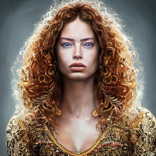 Prompt: 8 5 mm f 1. 8 portrait of a girl that is a mixture between claudia guarnierni and doutzen kroes, she is about 2 5 years old, long curly hair, she is wearing a ornate costume with feathers by iris van herpen, highly detailed, digital painting, artstation, smooth, sharp foccus, artstation hq