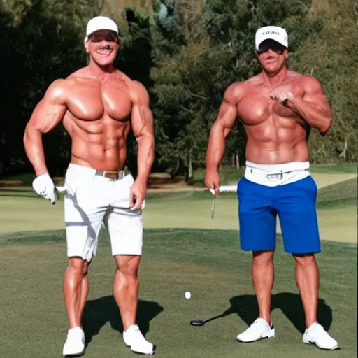 Image similar to trump body builder perfect physique short white shorts playing golf