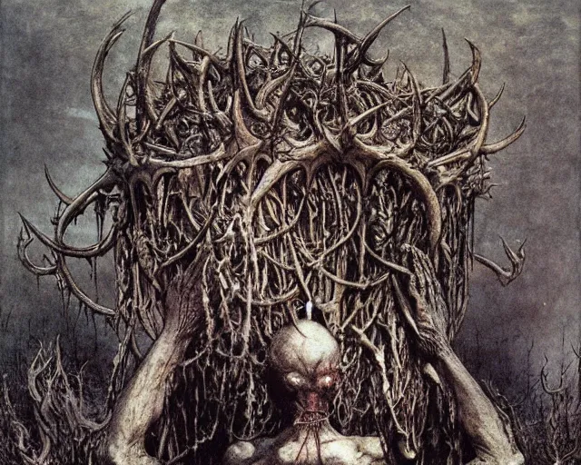 Image similar to Ancient cultic ritual totem made of horns and thorns by Beksinski, Arthur Rackham, Eugene de Blaas, Dariusz Zawadzki, Wayne Barlowe