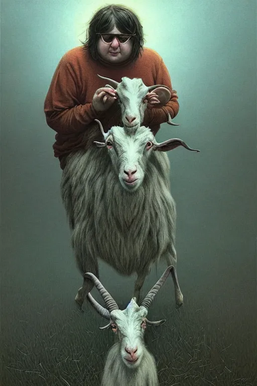 Image similar to painting of hybrid between human andy milonakis and a goat, by zdzislaw beksinski, by tiffany bozic, cold hue's, warm tone gradient background, concept art, beautiful composition, digital painting