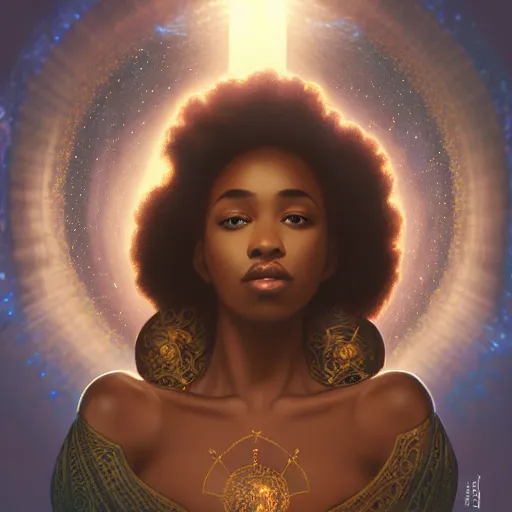 Prompt: black african princess, warm volumetric lighting, cosmic, symmetric, highly detailed, elegant, concept art, heavenly, god rays, glowing aura, intricate, sharp focus, illustration, alexandros pyromallis, bouguereau, rutkowski, artgerm, alphonse mucha, c