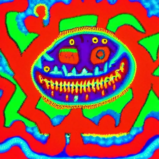 Prompt: Huichol art design of an axolotl, neon colors