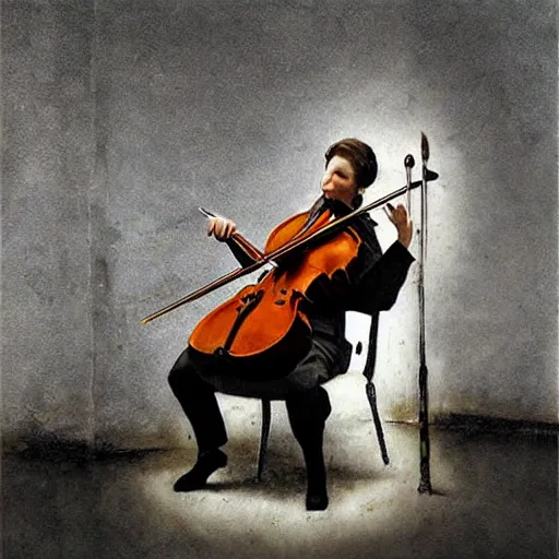 Prompt: cello violin concert art by banksy and alan lee