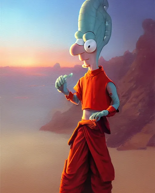 Image similar to [ squidward ] wearing fire nation clothing and practicing firebendingoutside at susnset, oil painting, highly detailed, intricate, hd, sharp focus, photorealistic, by moebius and greg rutkowski, trending on artstation, trending on cgsociety, realistic shading and lighting