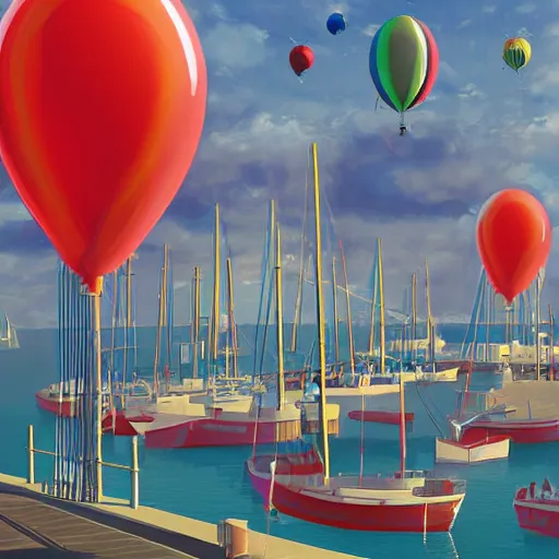 Image similar to digital art of a port in bretagne with giant birthday balloons, artstation cgsociety masterpiece