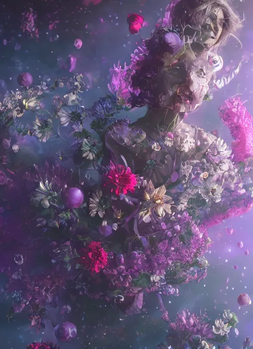 Image similar to An epic fantastic realism comic book style painting of the most beautiful flowers launched across the dark cosmos, bouquets, perfect shiny iridescent silver spheres, fisheye lens, unreal 5, DAZ, hyperrealistic, octane render, dynamic lighting