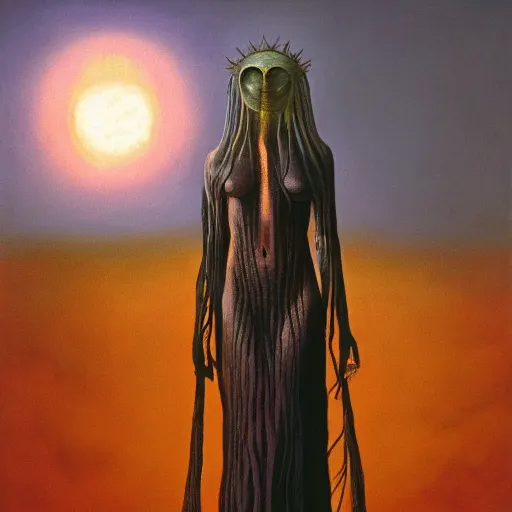 Prompt: The queen of the sun by Zdzisław Beksiński and H.R. Giger, oil on canvas, 8k highly professionally detailed, trending on artstation