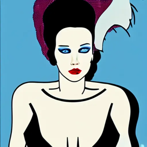 Image similar to supermodel jennifer lawrence as the bride of frankenstein, patrick nagel art style, relistic, fashion pohotography