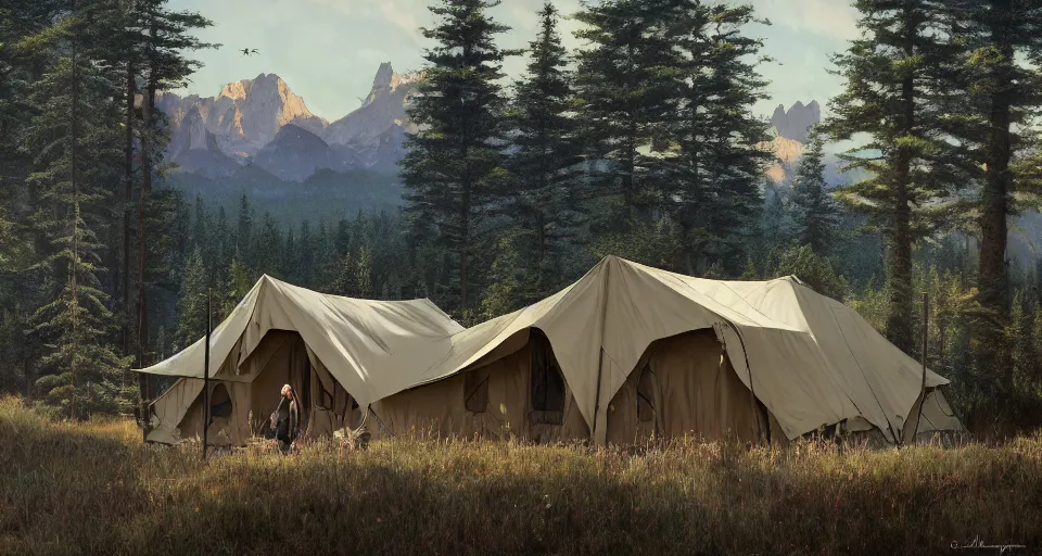 Image similar to cabela's beautiful comfortable modular insulated wall kit - house all weather family dwelling tent house, person in foreground, mountainous forested wilderness open fields, beautiful views, painterly concept art, joanna gaines, environmental concept art, farmhouse, magnolia, concept art illustration, by james gurney, by craig mullins, by greg rutkowski trending on artstation