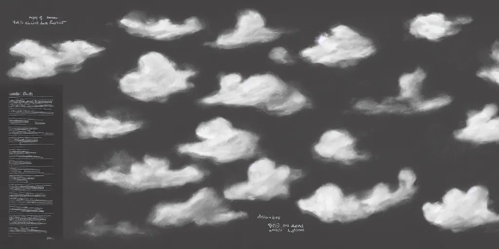 Prompt: full page scan asset sheet of clouds on black background, matte painting