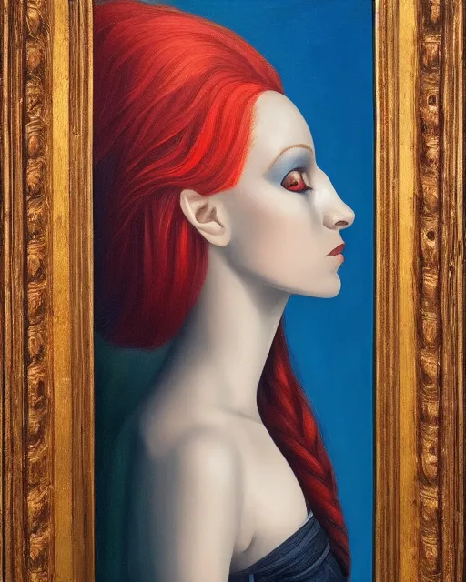 Image similar to A detailed matte oil on canvas head on symmetrical portrait of a distinguished elven woman with split red and blue hair