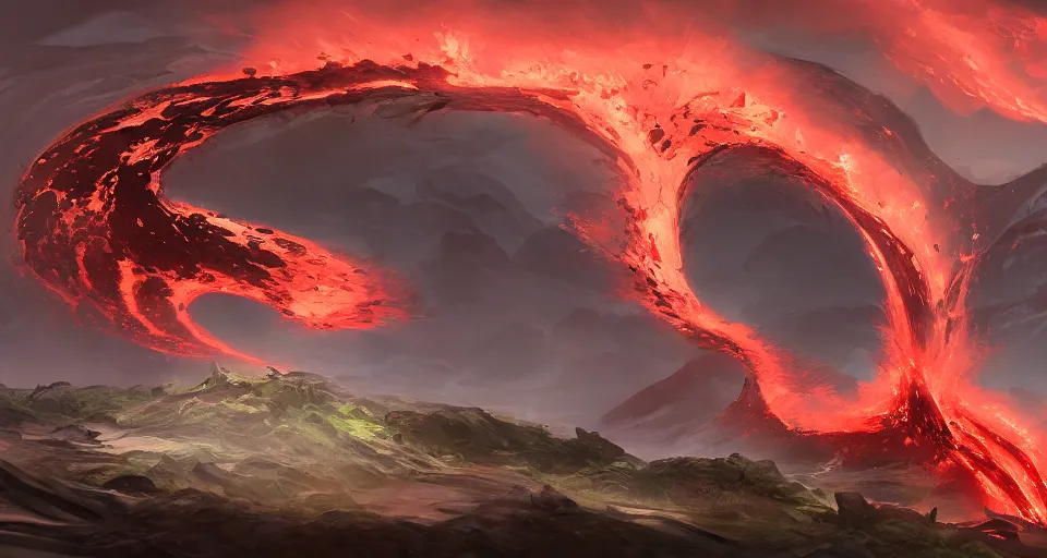 Prompt: a volcano made of ivory vines and crimson rocks enters in eruption, it spits a smoke in the shape of demonic eye, by League of Legends concept artists