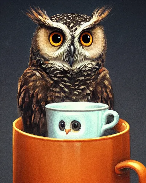 Image similar to long shot of a very cute owl chick nesting in a mug, esao andrews, humorous illustration, hyperrealistic, big depth of field, warm colors, night scenery, low light, 3 d octane render, 4 k, concept art, hyperdetailed, hyperrealistic, trending on artstation