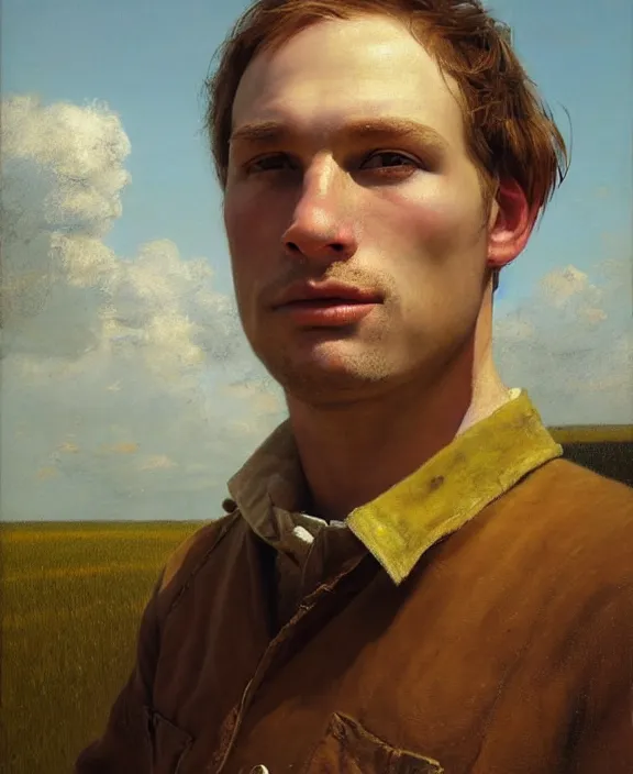 Prompt: portrait of a handsome young dutch farmer, art by denys tsiperko and bogdan rezunenko and odd nerdrum, hyperrealism