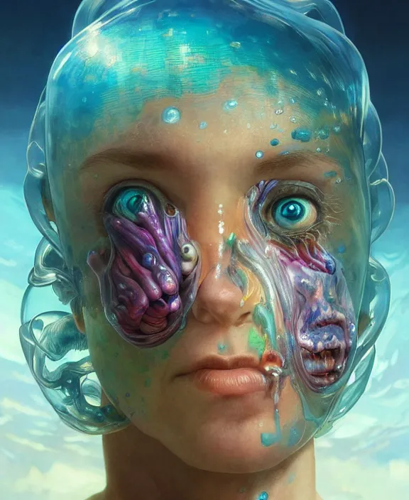 Image similar to colorful transparent portrait of a terrifying beautiful alien sea creature, mottled coloring, adorable, childlike, biopunk environment, ultra realistic, concept art, art nouveau, photorealistic, octane render, 8 k, unreal engine. art by christopher marley and artgerm and greg rutkowski and alphonse mucha