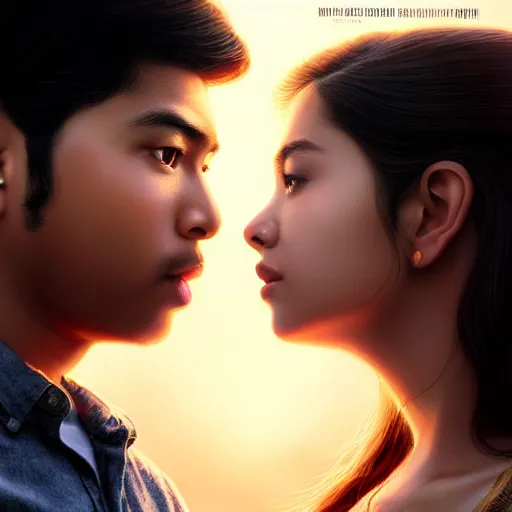 Prompt: perfectly centered movie promotional poster of young assamese guy and beautiful girl side profile faces symmetrical ; real life portrait, ultra realistic, high coherence, intricate, hdr, highly detailed, photorealistic, octane render, 8 k, unreal engine ; romantic theme, two lovers sharing one heart ; art by artgerm, greg rutkowski, charlie bowater