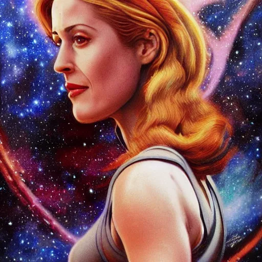 Image similar to young Gillian Anderson as a ruggedly beautiful retro SCI-FI space heroine 1985 , intricate, elegant, highly detailed, centered, digital painting, artstation, concept art, smooth, sharp focus, illustration, art by artgerm and donato giancola and Joseph Christian Leyendecker, Ross Tran, WLOP