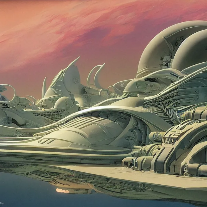 Image similar to tropical spacecraft, science fiction, extremely detailed, pastel colors, intricate, hard light, flat, illustration, volumetric lighting, digital painting, by roger dean, by santiago calatrava, by wayne barlowe