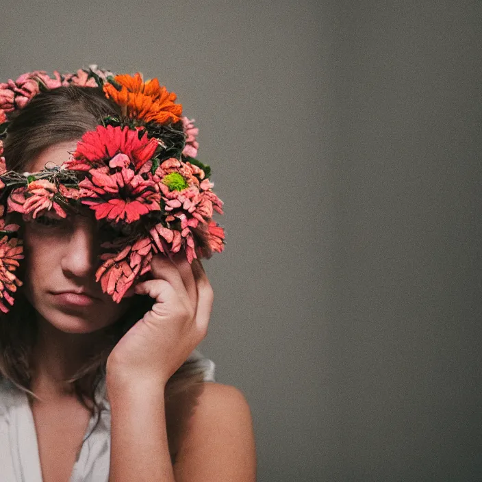 Image similar to a closeup of a woman wearing a hood made of wire and zinnias, in an abandoned office building, canon eos c 3 0 0, ƒ 1. 8, 3 5 mm, 8 k, medium - format print