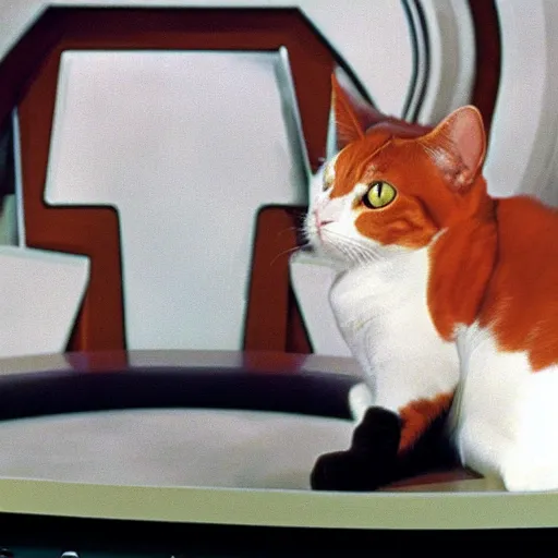 Image similar to An orange and white cat sitting in the captain's chair of the USS Enterprise. Vintage TV show, centered.