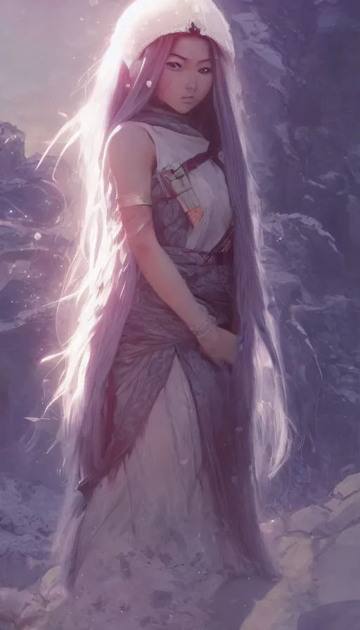 Image similar to beautiful himalayan woman with long silver hair, sci - fi clothing, matte, art by ilya kuvshinov and kyoto animation and ruan jia and greg rutkowski, studio quality, aniplex, masterpiece