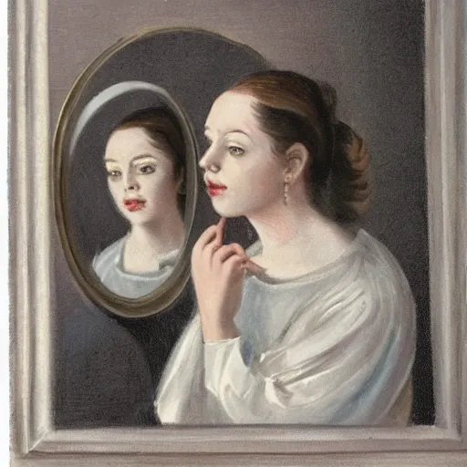 Prompt: a woman looking in the mirror