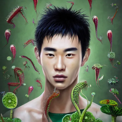 Prompt: the portrait of a beautiful, elegant, succulent venus flytrap asian man, hyperrealistic anime illustration by iralki nadar, reflective eyes, extremely detailed intricate linework, smooth, super sharp focus, bright colors, high contrast, matte, octopath traveler, unreal engine 5 highly rendered, global illumination, radiant light, 8 k