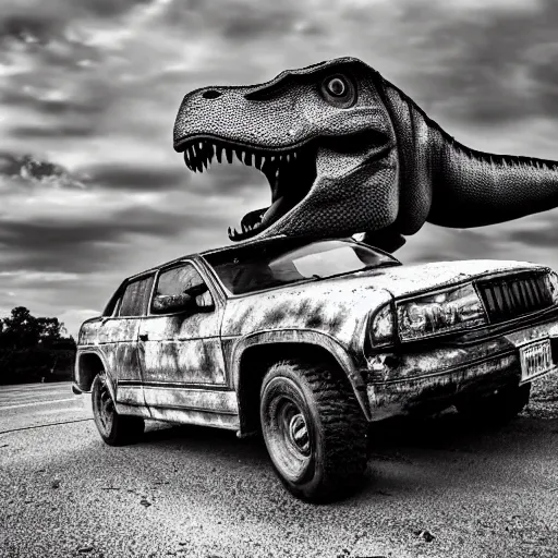 Prompt: dinosaur crushing car, black and white photo