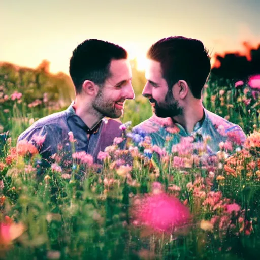 Image similar to a gay couple in their 30s together in a field of flowers at sunset, realistic, intricate, 4k