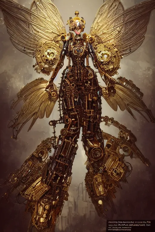 Prompt: character portrait of a steampunk robotic angel, female looking, floating gears aurora, intricate, complex, ornamental, huge wings, metal body, golden eyes, metropolis background, science fantasy, high fantasy, by Akihiko Yoshida, James_Jean_Andrei_Riabovitchev_Marc_Simonetti, Yoshitaka Amano, digital illustration, artstation