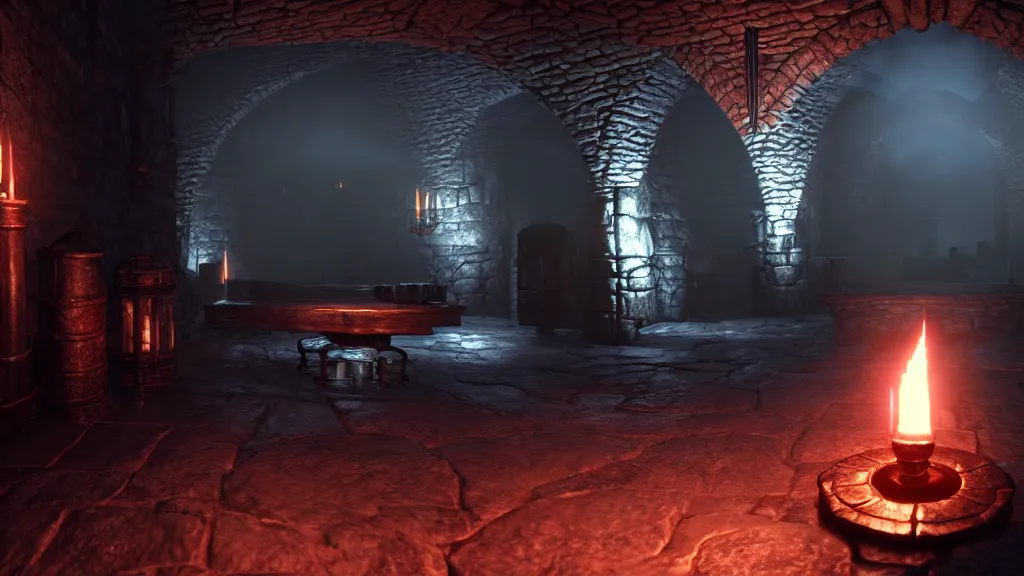 Image similar to delicious torch lit prison dungeon jail cell alchemist light magic atmospheric unreal engine hyperreallistic render 8k character concept art masterpiece screenshot from the video game the Elder Scrolls V: Skyrim moody orange 2700K global illumination