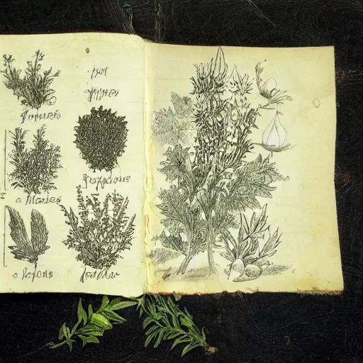 Prompt: an ancient drawing from a herbalist journal showing strange herbs, pencil, notes, old paper, heavy details.