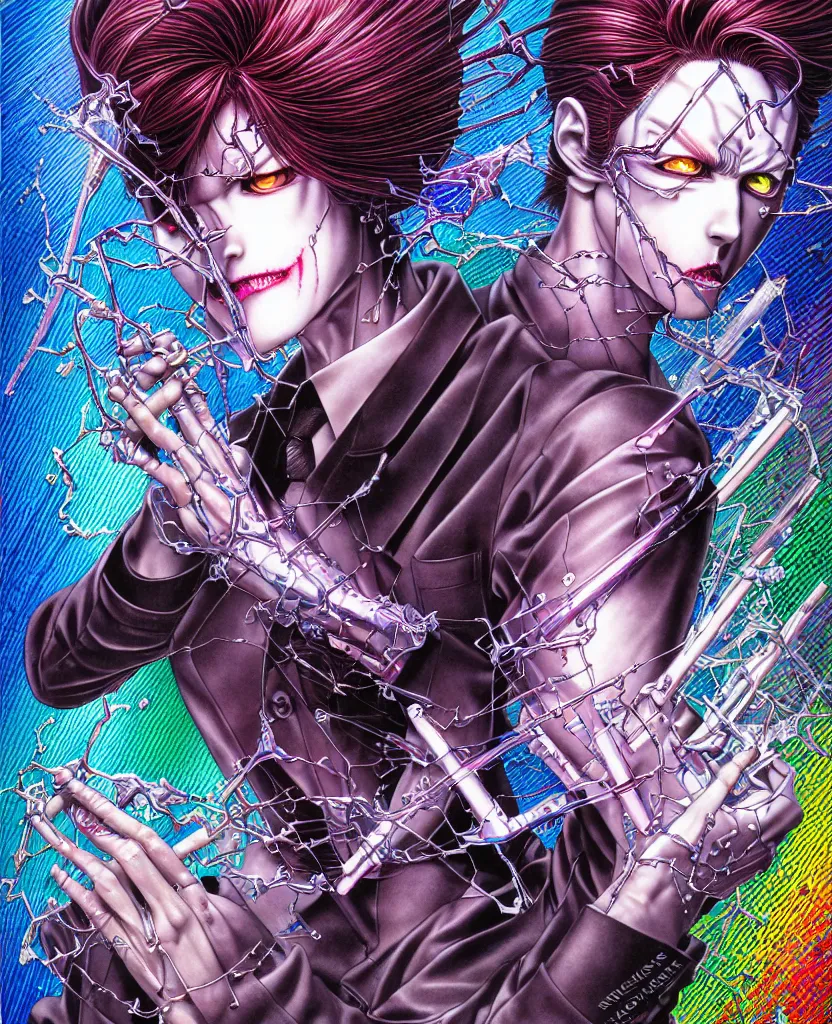 Prompt: realistic detailed image of ultra wrathful rainbow diamond nightmare scientist mega american psycho depth perception depth of field action horror masterpiece neo - gothic gothic rich deep colors art by yoshitaka amano by yukito kishiro by yoshiyuki sadamoto by artgerm by hajime sorayama