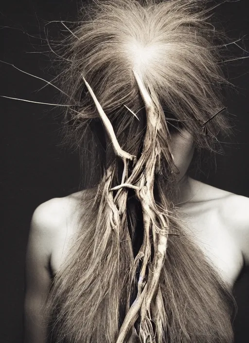 Image similar to a dramatic photo of a woman with hair made of roots. moody and melanchonic