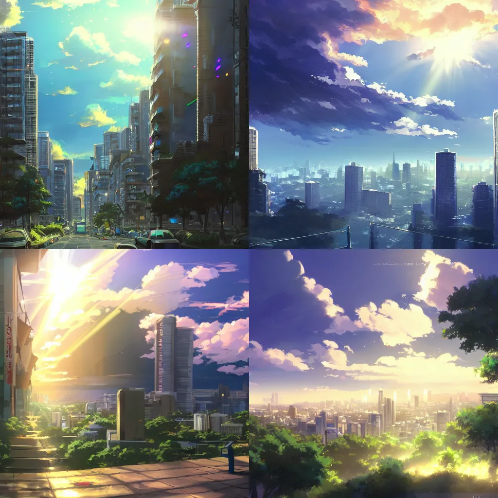 Prompt: Anime cityscape by Makoto Shinkai, concept art, sun shining through clouds, thunder clouds, crepuscular rays, trending on art station, 8k