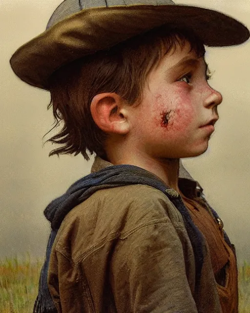 Image similar to side portrait of an Appalachian boy playing with dusty detailed features, dirt, prohibition era, Appalachian mountains, sharp focus, illustration, highly detailed, oil painting, matte, art by Greg Rutkowski and Alphonse Mucha, masterpiece