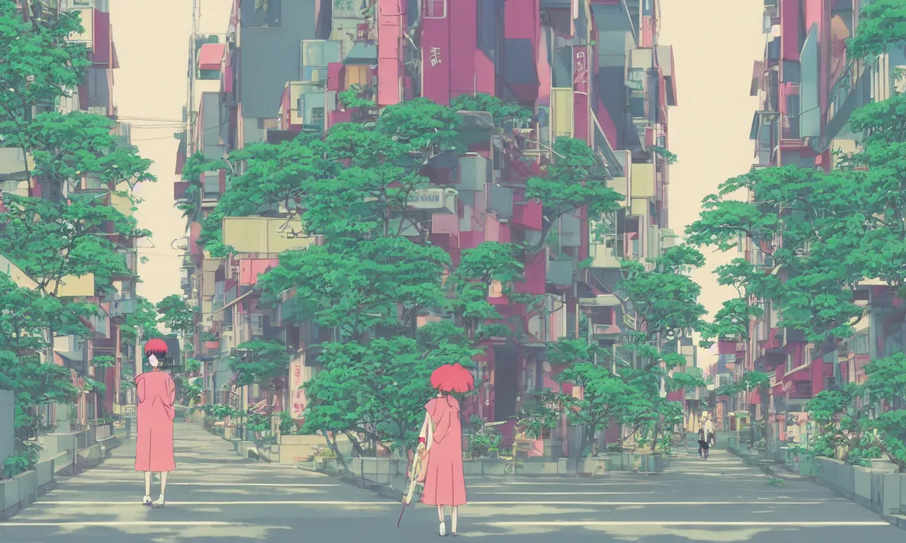 Prompt: A cute aesthetic still frame from an 80's anime, Studio Ghibili, Kyoto animation studio, minimal street in Japan with lush plants, sun set, tall buildings, girl walking with umbrella