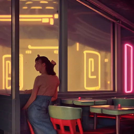 Image similar to vertical movie frame portrait of girl in 5 0's retro restaurant interior, neon - decorated urban on night in the city seen through the window, modern interior design, architectural design, vintage, night blade runner, dark, postapocalyptic, clean lines, 4 k, octane, lunarcore city at distance, big windows, octane, wide angle