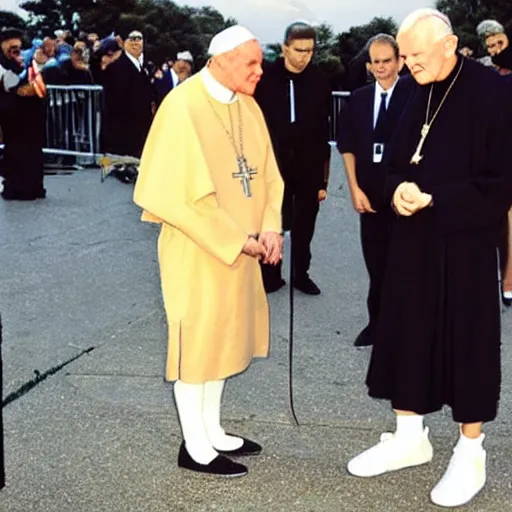 Prompt: john paul ii admiring a pair of yeezy's