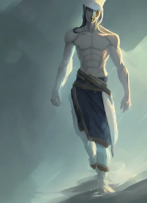 Image similar to a calm young adult male muscular slim blue elf with gey light clothes character design by greg rutkowski