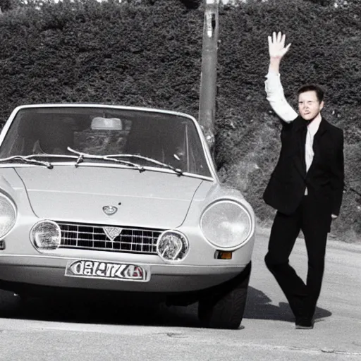 Image similar to elon musk waving from his lancia fulvia, award winning photograph