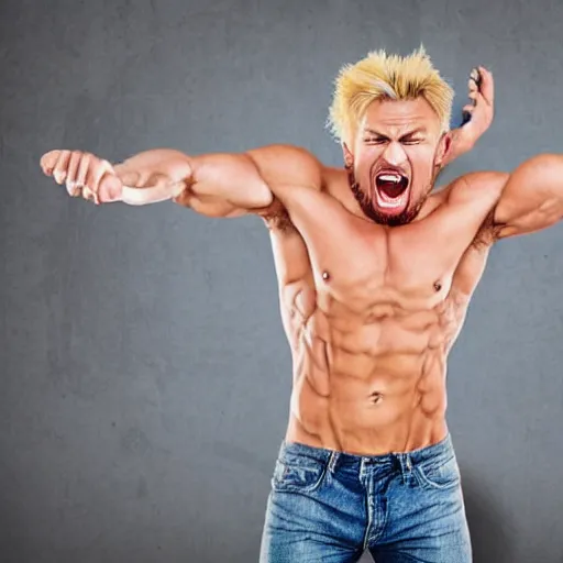 Prompt: A blond, muscular man screaming enters an appointment in his calendar