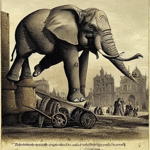 Prompt: an elephant body with a cannon for a head, men in uniforms operate cannon, the elephant is walking through the streets of a medieval city, illustration, rpg, hubert robert, dying earth, body horror