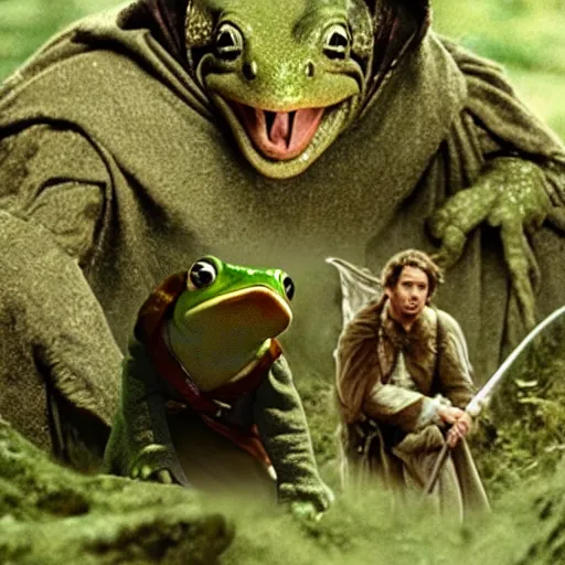 Image similar to movie film still scene, lord of the rings with frog heads